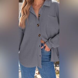 NEW! Elegant Gray Waffle Knit Cardigan, buttons/ collar Shacket size Medium